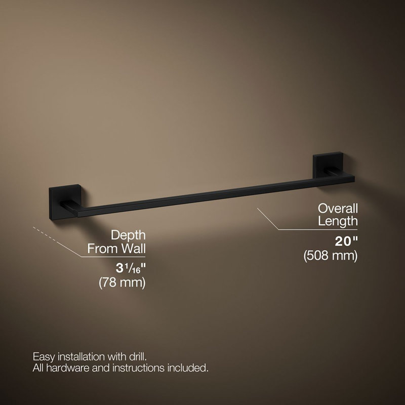 Square Towel Bar, 18"W, Matte Black