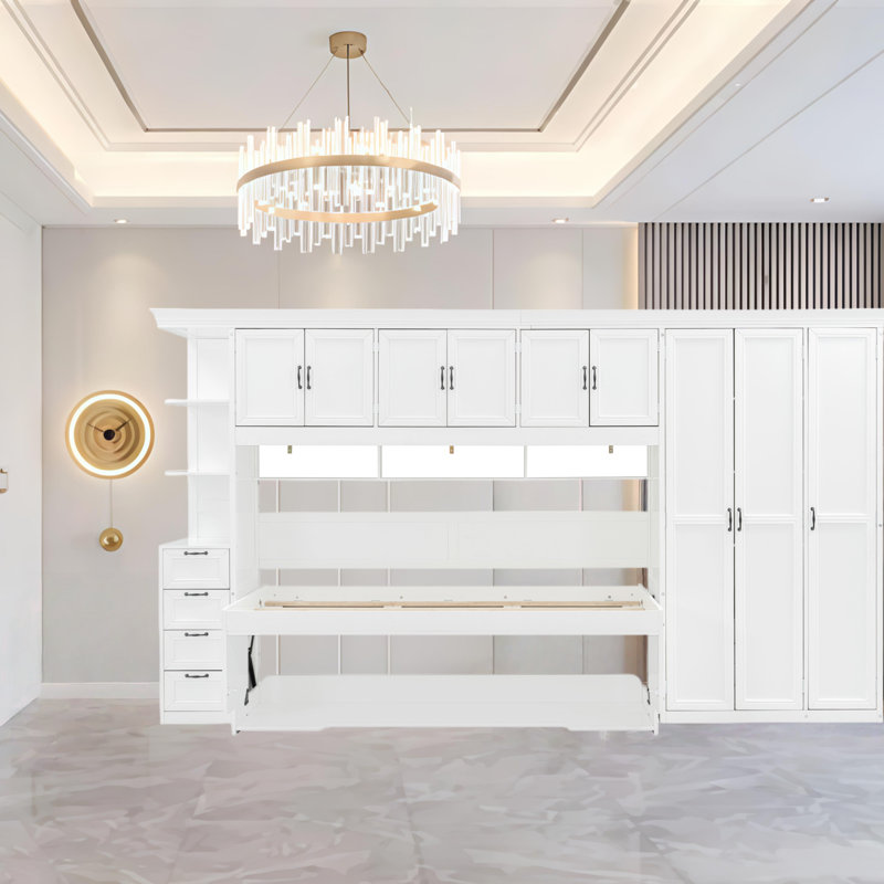 Lit escamotable en bois avec lit escamotable et grand espace de rangement comprenant des tablettes ouvertes, un tiroir et une armoire (blanc)