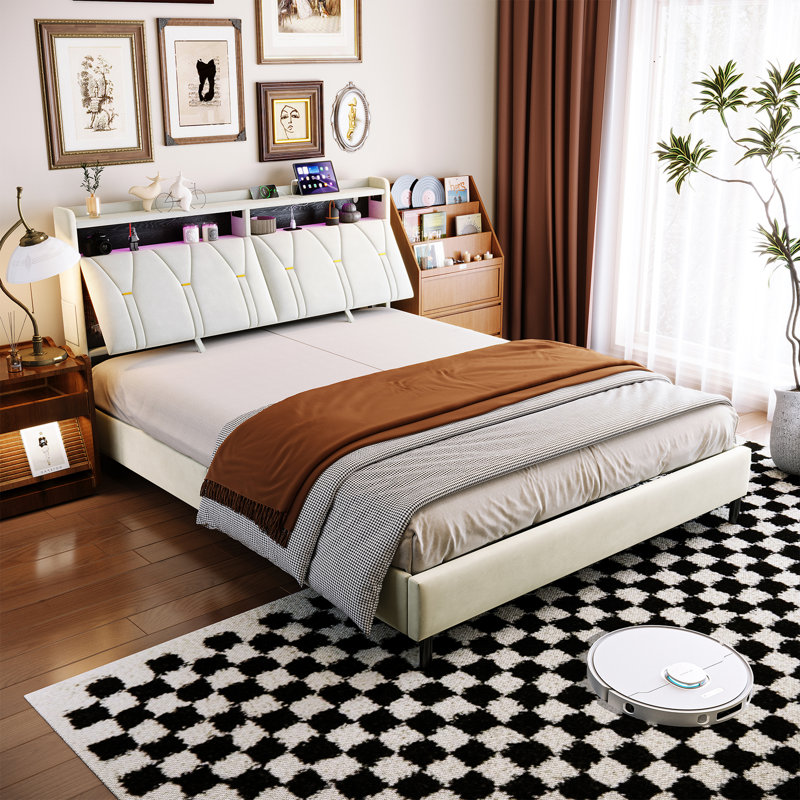 Upholstered Bed Frame with Charging Station & Headboard Storage, Hydraulic Lift-Up Base, EuropeanDouble (140 x 200 cm)