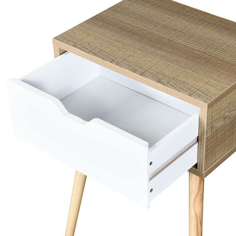Table d'appoint avec tiroir et pieds en bois d'hévéa, rangement de salon de chambre à coucher de style Mid-Century moderne, apparence solide blanche, instructions de montage pratiques 1 et armoire de rangement de couleur pour la pièce, facile à