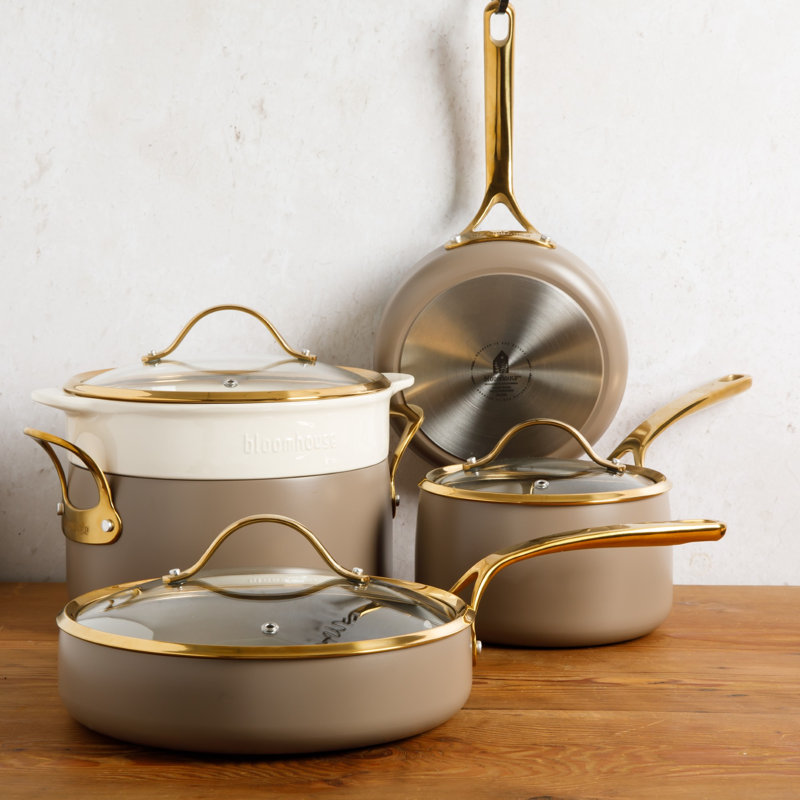 Bloomhouse 8 Piece Pots and Pans Heavy Duty Aluminum Premium PFA Free Ceramic Nonstick Dutch Oven Pot with Lid - Linen White with Gold Handle