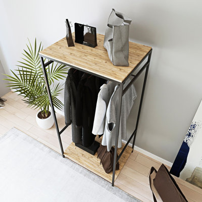 Armoire élégante avec pieds en métal thermolaqué électrostatique, finition chêne et noir, 39,4 x 66,9 x 15,7 pouces | Panneau de particules 100% enduit de mélamine, conception durable et moderne pour organiser les vêtements et les accessoires