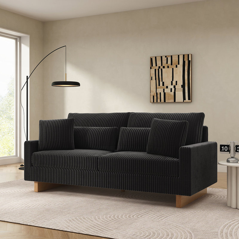Aveline 80.3"  Modern Corduroy Upholstered Sofa Couch With Four Pillows, Black