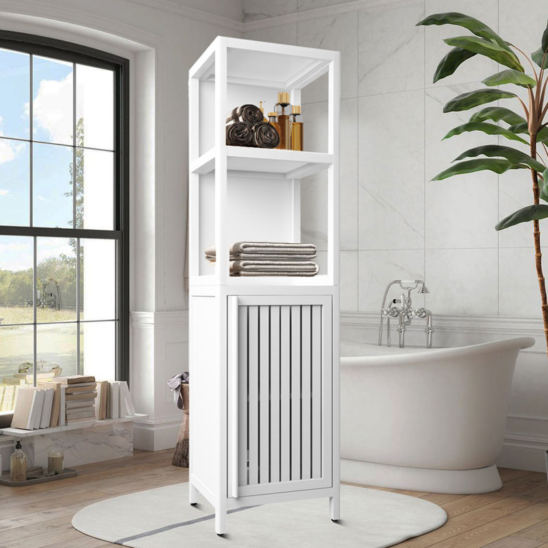 Tall Bamboo Bathroom tall cabinet with doors living room storage cabinet with Adjustable Shelf, Open & Closed Storage