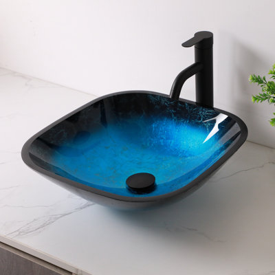 16" L x 16" W Glass Bathroom Vessel Sink Blue Tempered Glass Above Counter Sink with Pop up Drain