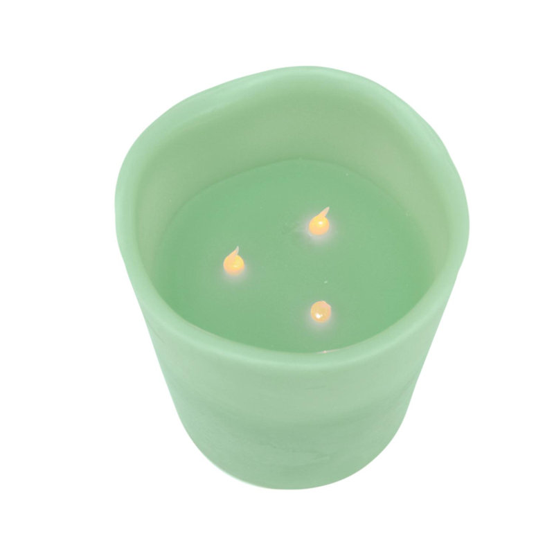 8" White Battery Operated Flameless LED 3-Wick Flickering Pillar Candle, Sage Green