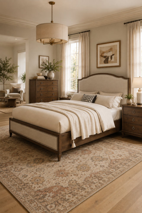Traditional bedroom featuring a wood frame bed with a cream upholstered headboard, paired with matching wooden nightstands and a patterned area rug in a sunlit room.