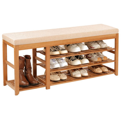  47.2 in Shoe Rack Bench with Cushion, 3 Tier Bamboo Entryway Bench with Storage for Entryway, Hallway, Bedroom, Living Room