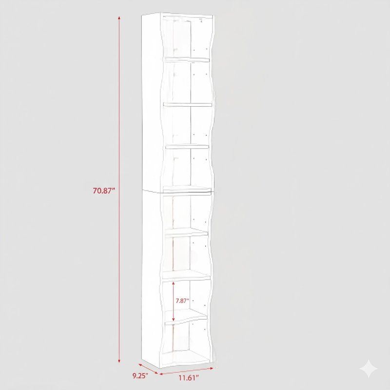 Bibliothèque ultra-mince à huit niveaux avec tablette à bords ondulés décoratifs, esthétique améliorée, idéale pour les espaces hauts et étroits, les présentoirs et les bureaux multifonctionnels