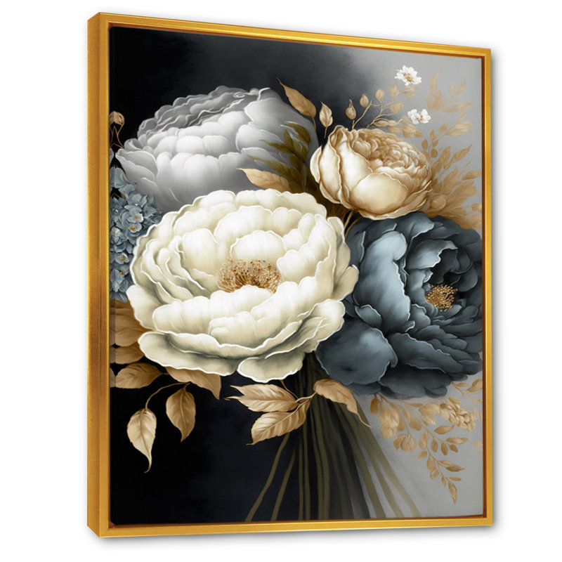 Bouquet de pivoines blanches, bleues et grises III - Impression sur toile, H 44 po x l 34 po x P 1,5 po, Cadre flottant doré