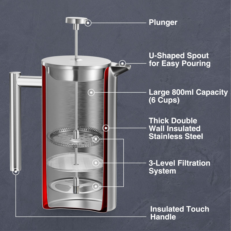VonShef 6 Cup Cafetiere, 0.8 L, Silver
