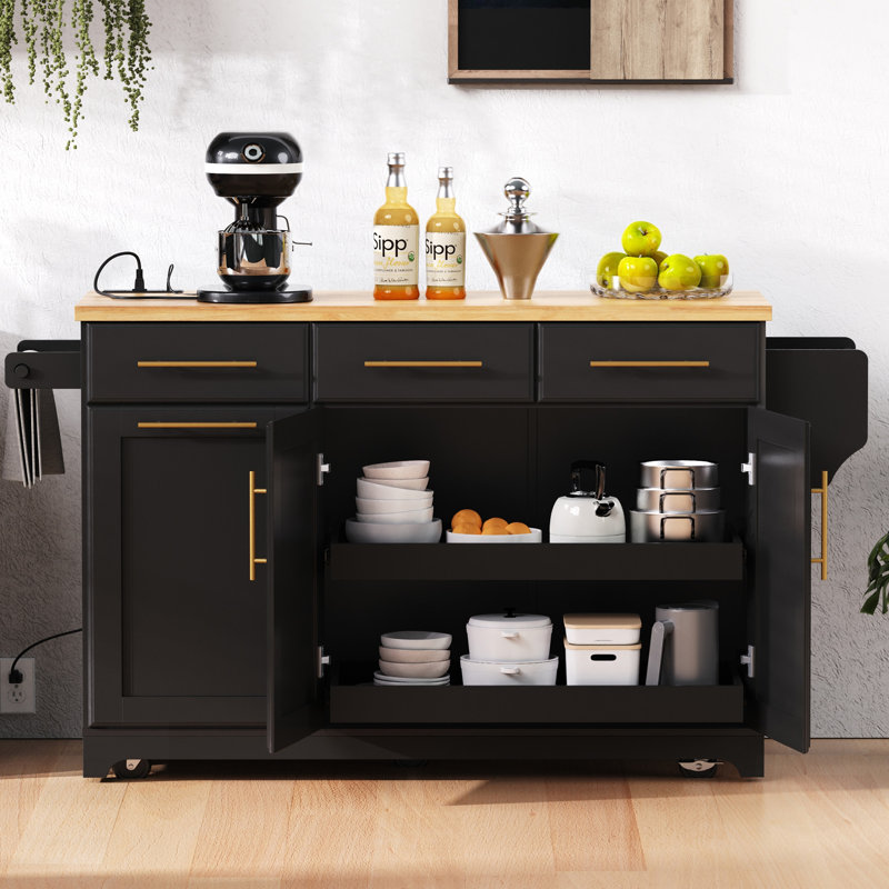 Îlot de cuisine roulant polyvalent avec rangement, organisateurs coulissants, abattant et prise de courant pour une fonctionnalité et un style améliorés.