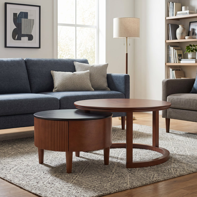 Table basse gigogne ronde 31,5 po cannelée avec tiroir en noir et noyer, peu encombrante, surface lisse unie