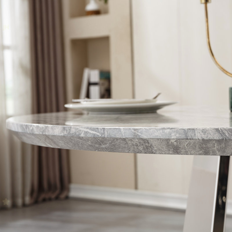 Table de salle à manger ronde en marbre de 47 po, table de cuisine moderne avec plateau en faux marbre ultrabrillant et base en acier inoxydable pour la salle à manger, cuisine (argent, gris) (table seulement)