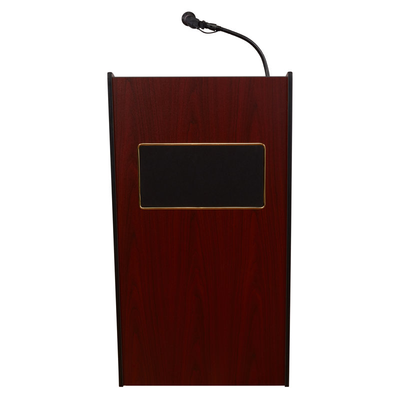 Mahogany Mobile Lectern with Wireless Microphone and Storage