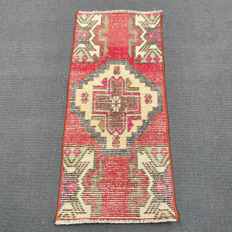 15.4x34.6 Inch Ethnic Patchwork Wool Rug, Red Small Rug