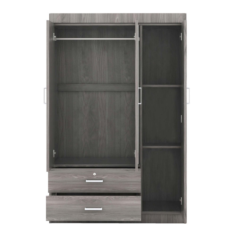 Three-Door Wardrobe With Mirror And Ample Storage, Gray