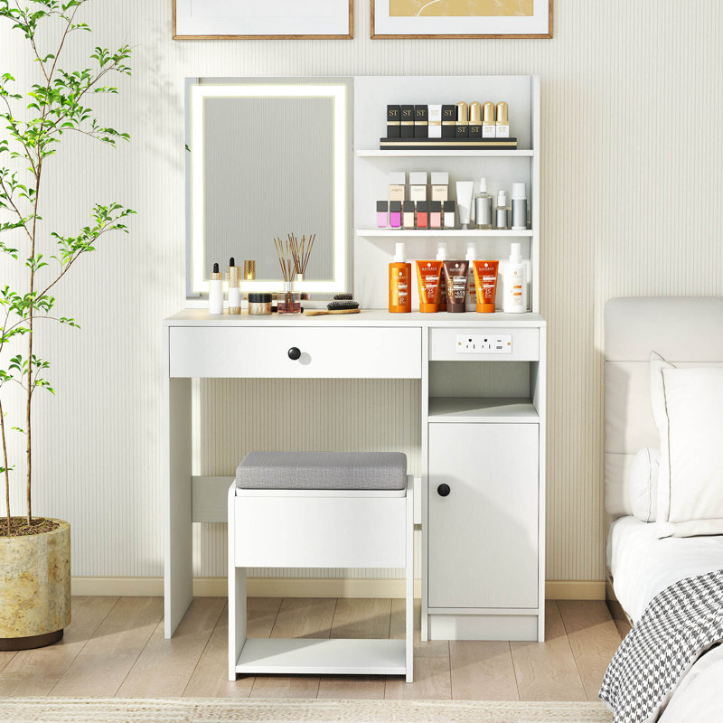 Ensemble de bureau de meuble-lavabo avec miroir et lumières, Blanc