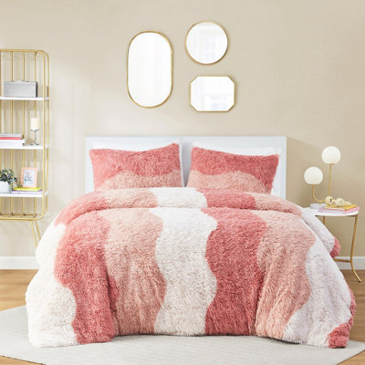 Full/Queen Shaggy Faux Fur Bedding , Ombre Tonal Wave Striped, Filling, 2 Shams, Microfiber Back, Machine Washable Queen Comforter Fill, Backing,