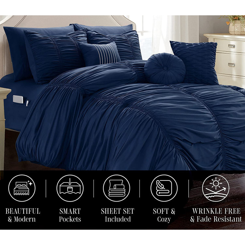 Modern Comforter, Navy Blue , King Comforter + 10 King Pillowcases