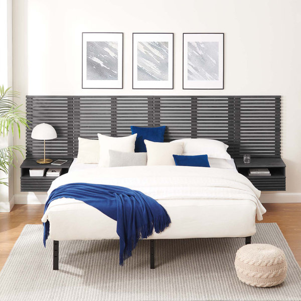 Modway MOD-7114-WAL Render Wall Mount King Headboard 2 Nightstands Set Walnut Finish