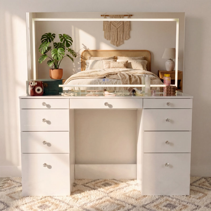 Boahaus Elara Extra-Large Vanity Desk with LED Mirror –  Makeup Vanity Designed as a Complete Dressing Station with Integrated Power and Speakers
