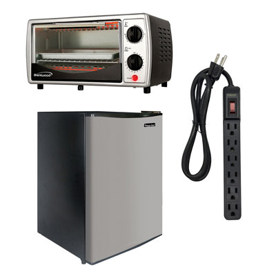 Dorm Room Kitchen Kit With 2.4-Cu. Ft. Mini Fridge, 4-Slice Toaster Oven & 6-AC Outlet Power Strip With 3-Ft. Cord