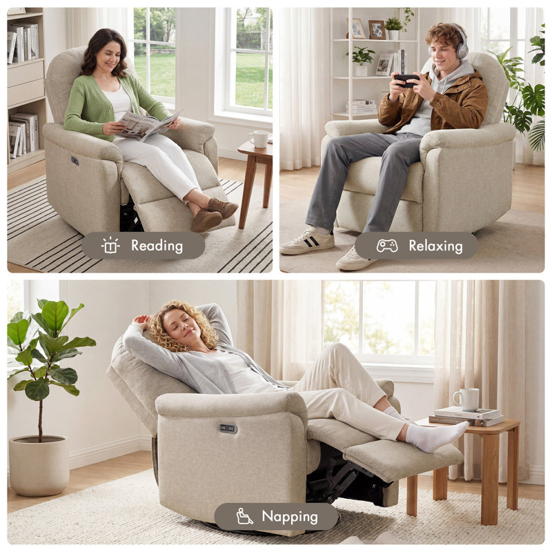 Elio Upholstered 3-in-1 Power Recliner Swivel Glider with USB & Type-C Ports, Beige