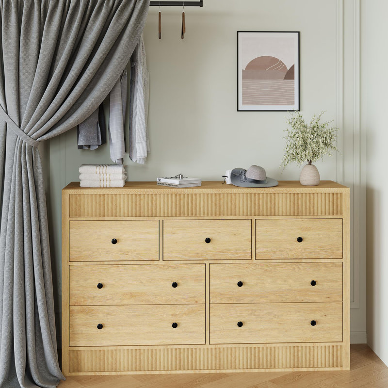 Modern Fluted 7 Drawer Dresser, 54" Wide Wooden Chest, Bedroom Living Room Hallway Entryway, Storage Organizer, Beige