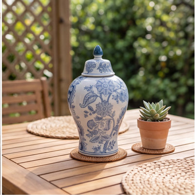 Pot à gingembre bleu et blanc en porcelaine de 12,6 po de hauteur et 7,1 po de diamètre