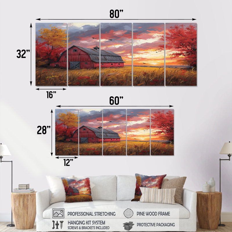 Autumn Red Barn Breeze II - Ensemble d'art mural en toile de grange, H 32 po x l 80 po