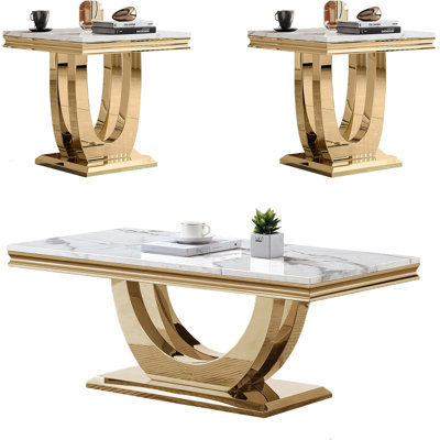 3 Pieces Coffee Table Set, White  Faux Marble Coffee Table with 2 Square End Side Tables, Modern Living Room Table Set with Double U-Shape Stainless Steel Frame for Apartment Home Office