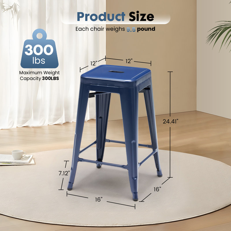 Stackable Backless Metal Bar Stools, Indoor/Outdoor Kitchen Counter Stools, Industrial Home Dining Chairs, Blue