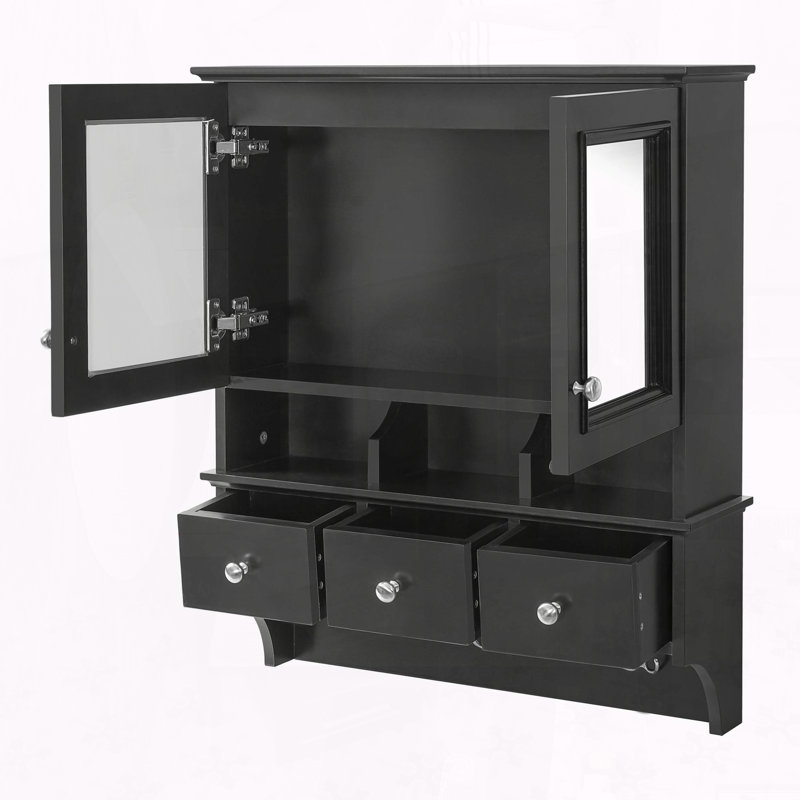 24 Inch 4-in-1 Wall Mounted Medicine Cabinet with Drawers and Hooks, Black