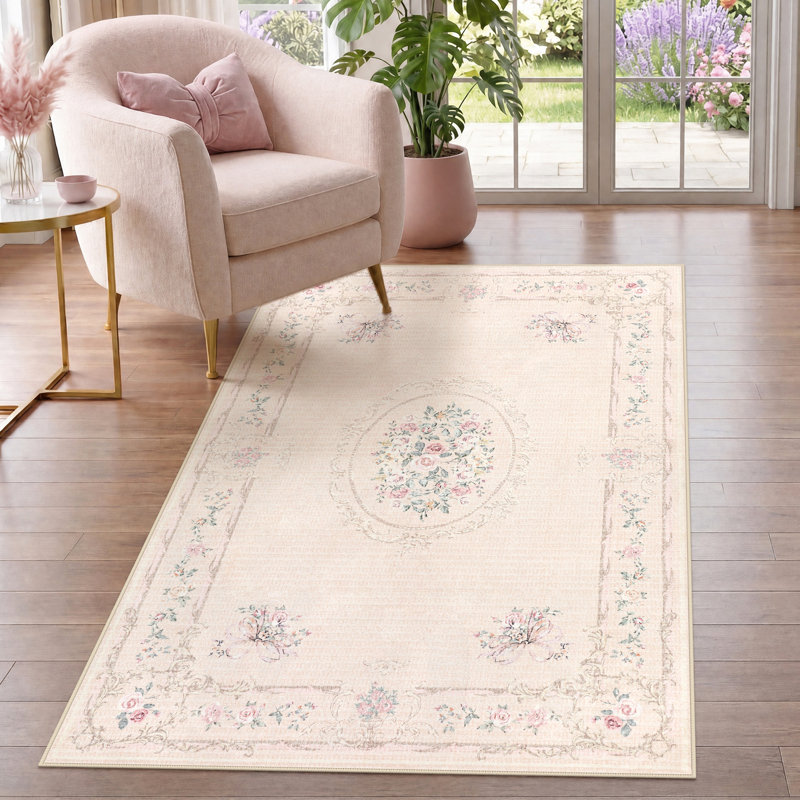 Tapis Boho Vintage, doux, floral, lavable, antidérapant, certifié Oeko-Tex, Beige Pink, 3'x5'