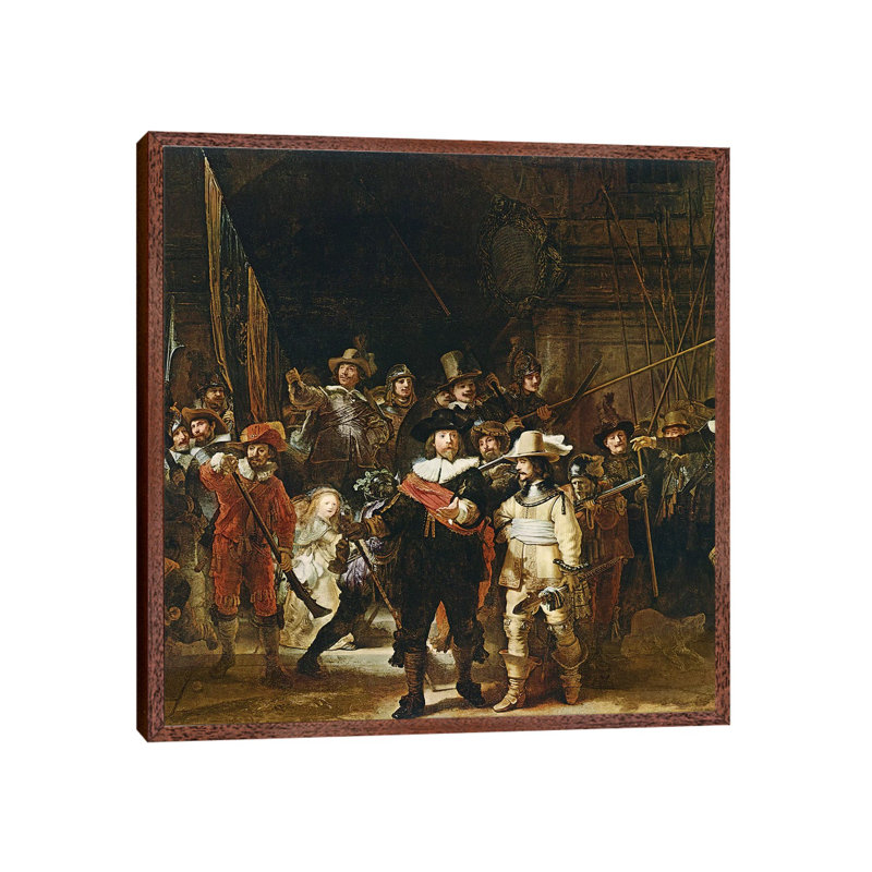 The Nightwatch, 1642 by Rembrandt Van Rijn - Painting on Canvas, 45.72cm H x 45.72cm W x 3.81cm D, Classic Brown Wood Framed