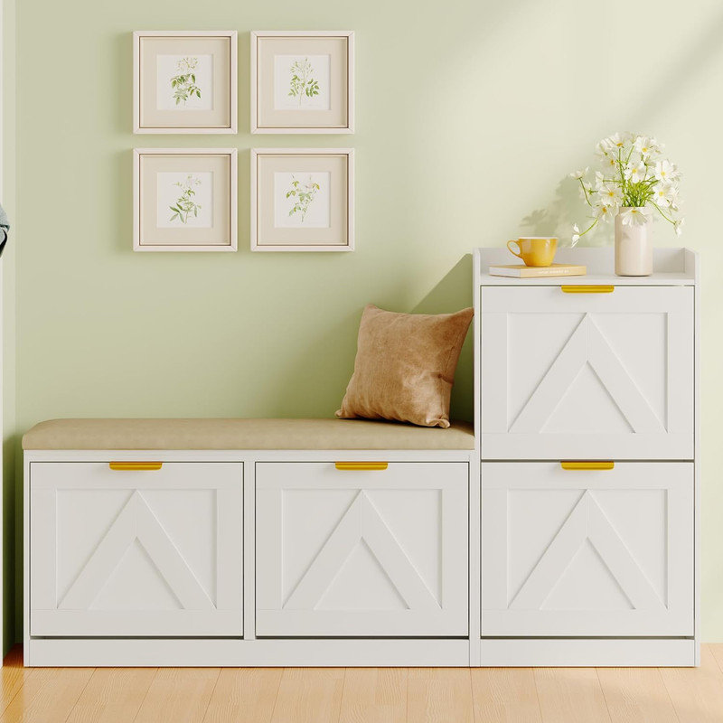 Armoire de rangement pour chaussures avec banc, 4 organisateurs de hall d'entrée à tiroirs rabattables avec siège rembourré pour 35 à 40 paires
