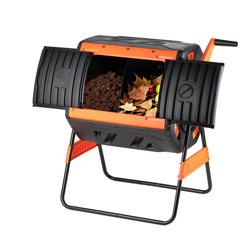 Compost Tumbler, 53 Gallon Dual Chamber Outdoor Tumbling Composter with 2 Sliding Doors and Aeration System, Large Easy-Turn Rotating Composting Bin for Outside, Garden, Kitchen, and Yard Waste