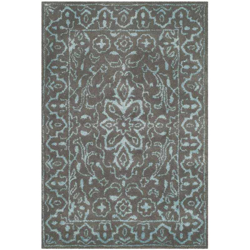 Tapis oriental en viscose / laine touffeté à la main bleu / gris foncé Samaniego, Rectangle 2 pi x 3 pi
