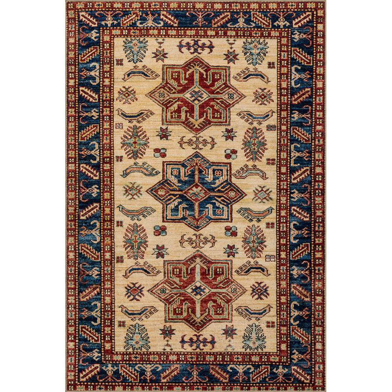 Tapis tissé à motif d'étoiles bleu et crème lavable à la machine, Carré 4 pi 11 po