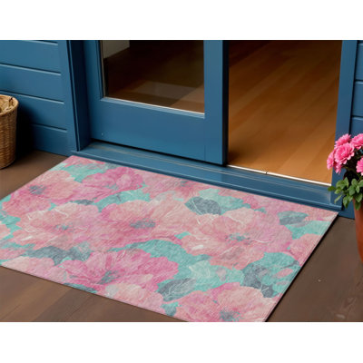 Tapis intérieur lavable floral rose et mauve 3 pi x 5 pi