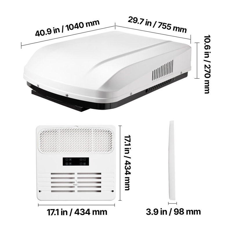 Climatiseur pour véhicule récréatif, unité de climatisation pour véhicule récréatif de 15 000 BTU, climatiseur de toit à conduit 120 V avec pompe à chaleur et refroidissement, unité à courant alternatif silencieux à vitesse variable facile à installer avec bouton ADB et télécommande, blanc