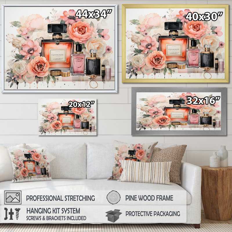 «Pink Fragrant Impressions Perfumes», art mural parfums, Cadre flottant doré, H 12 po x l 20 po x P 1 po