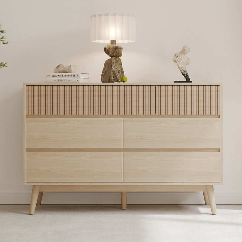 Wood 7-Drawer Dresser - Striped Surface & Pull-Free Drawers, Chêne naturel
