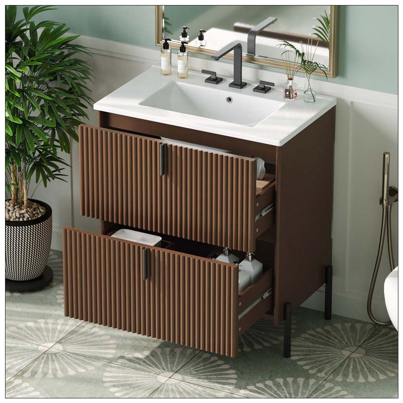 Meuble-lavabo de salle de bain avec lavabo en céramique, système de tiroir divisé et conception cannelée, Marron foncé