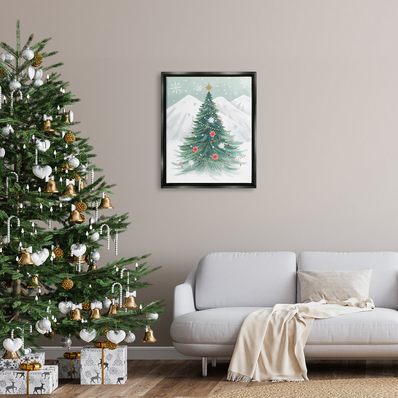Ba-856 - Arbre de Noël subtil flottant dans la neige, encadré sur toile par Sharon Lee, Cadre flottant noir de jais