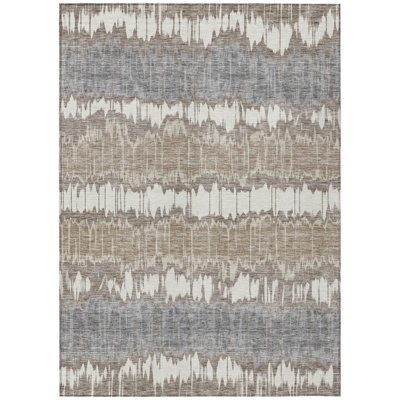 10' X 14' Taupe Brown And Ivory Striped Washable Indoor Outdoor Area Rug