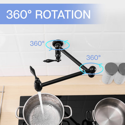 Robinet de remplissage de pot mural, robinet de cuisine en laiton avec bras articulés à double articulation, noir mat, style classique, coffre-fort et fuites, robinets en céramique, finition nickel à fonctionnement facile, extensible 360