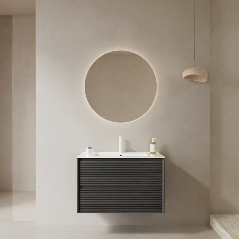 Meuble-lavabo mural 30 po avec lavabo et meuble-lavabo mural en contreplaqué flottant 30 po, Chêne foncé, 30"