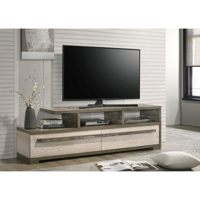 Meuble télé moderne avec finition en bois à deux tons, tablettes ouvertes et rangement caché, idéal pour le salon, poids de 140 lb, étagère multimédia contemporaine, tiroirs, long de 70,87 po, hauteur de 22,29 po, paquet de 156